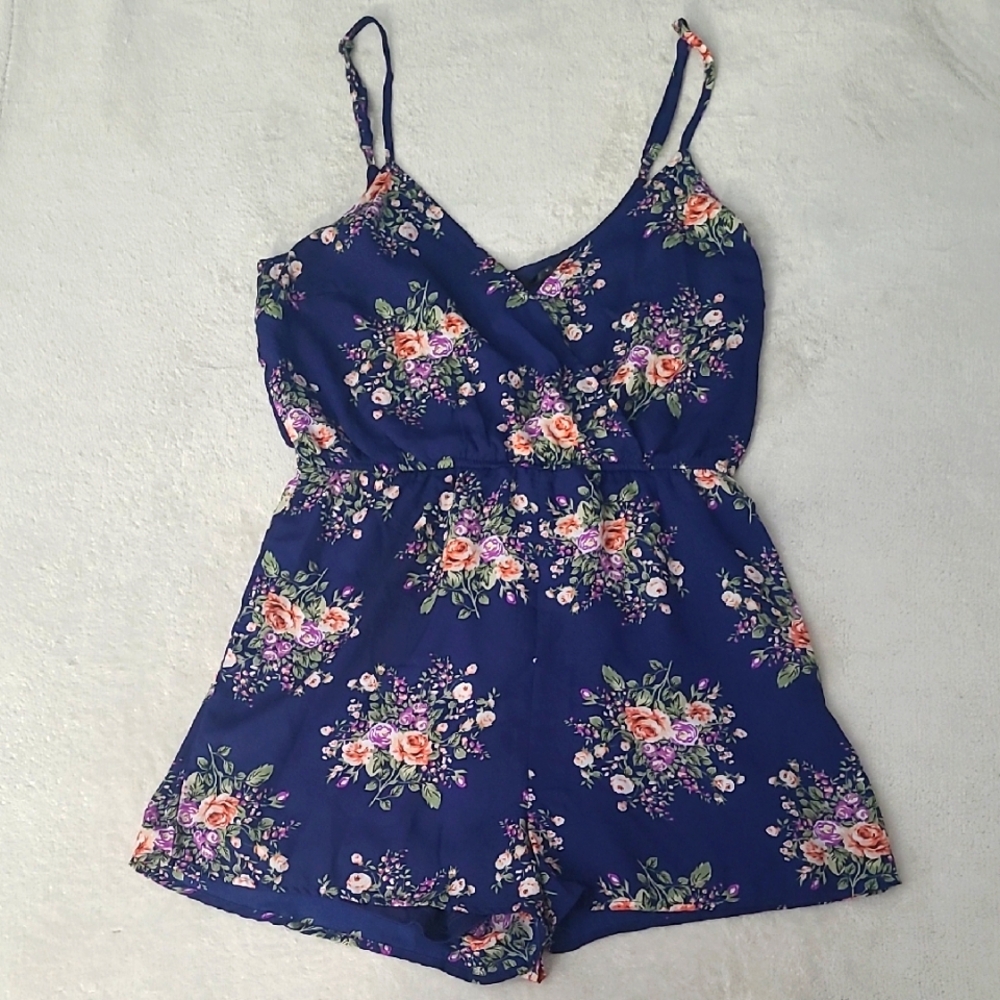 Poetry Floral Print Romper Womens Size M Navy Blue Spaghetti Straps Boho Chic